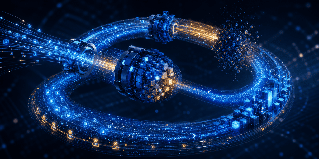 A luminous circular data flywheel transforms user signals into product improvements, which attract more users and feed richer data back into the loop.