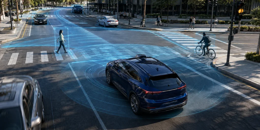 A navy autonomous passenger vehicle navigates a daylight urban intersection while cyan perception fields identify lanes, pedestrians, cyclists, vehicles, and traffic signals.