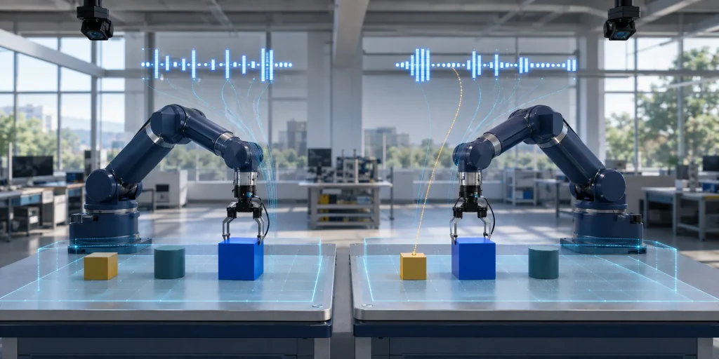 Two identical robot arms receive different abstract instruction signals but both reach for the same blue cube, while a gold correspondence marks the intended target in the right-hand trial.