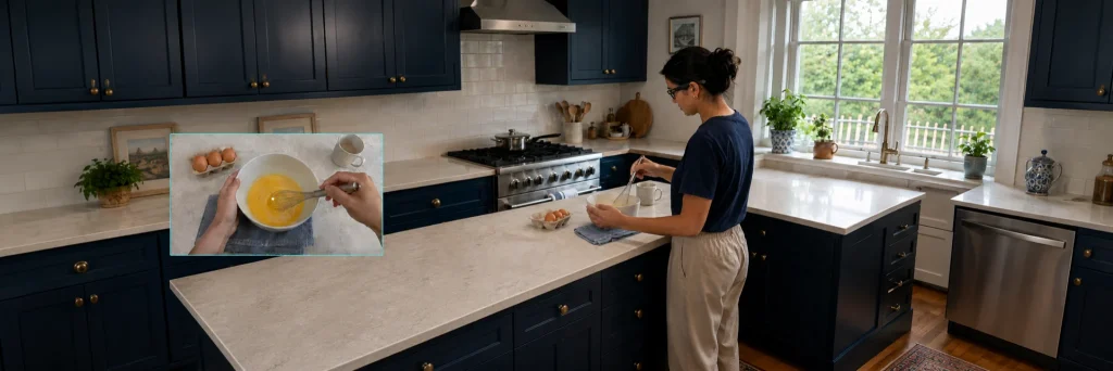 A woman wearing lightweight research sensor glasses whisks eggs in a spacious bright navy kitchen, with a matching first-person camera inset and wide crop-safe framing.