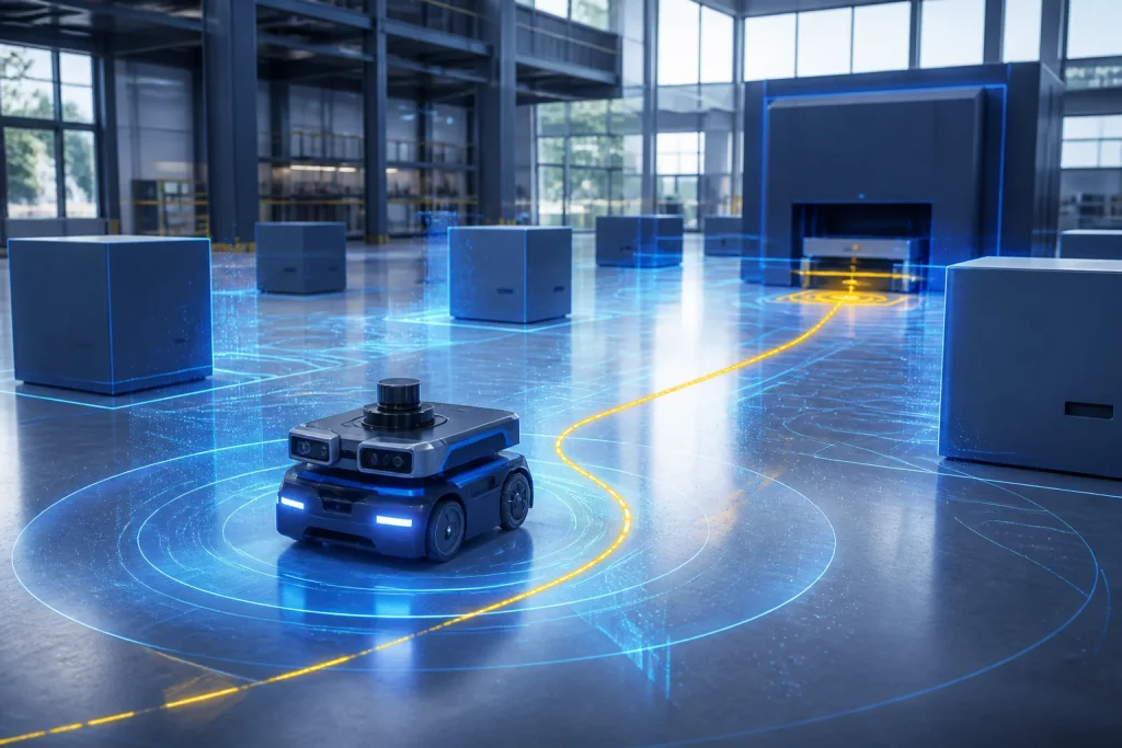 An autonomous mobile robot uses cameras and lidar to sense obstacles and adapt its highlighted route toward a docking point in a bright industrial research space.