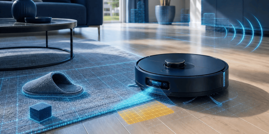 A robot vacuum maps a bright living room using camera, depth, floor, and voice sensing overlays, with a small gold cleaning zone and no route arrow.