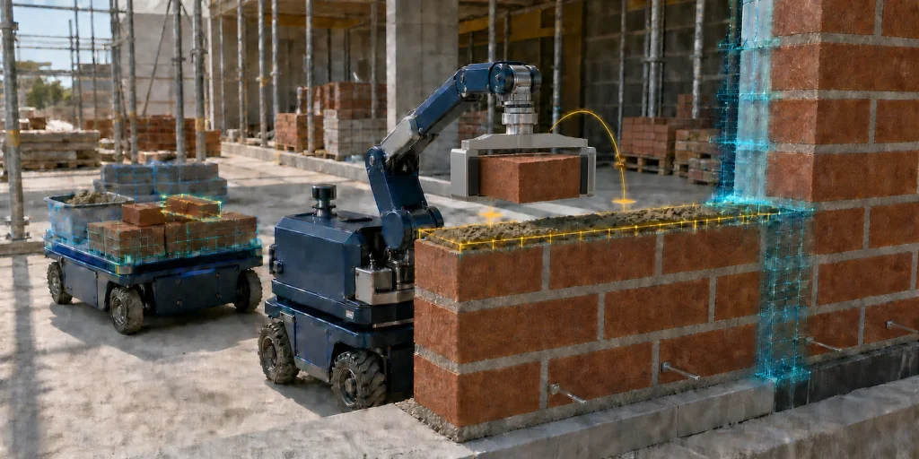 A compact construction robot uses a balanced mechanical gripper to place a standard clay brick onto an aligned mortar bed, with cyan spatial sensing overlays and a restrained gold motion path in a bright daylight construction site.