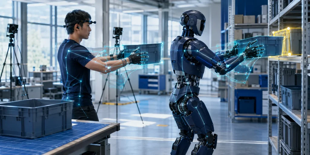 A human demonstrator and a humanoid robot perform the same two-handed bin-placement task in a bright robotics lab, with cyan pose and motion traces connecting their movements and a restrained gold highlight marking the verified final placement.