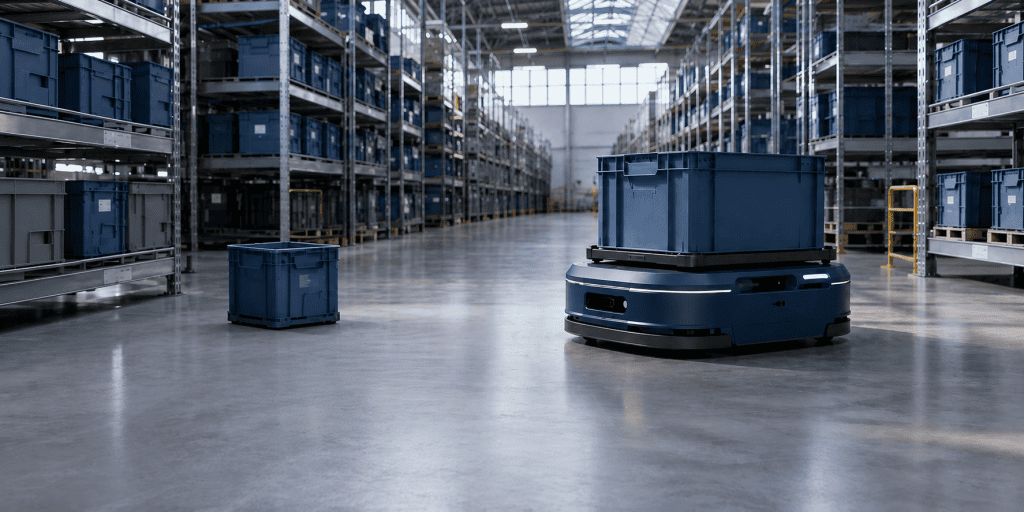 An autonomous mobile warehouse robot on the right detects a misplaced tote and follows a gold adaptive route through a bright, sensor-mapped logistics aisle.