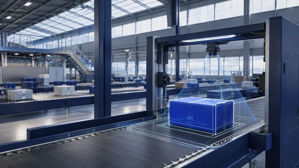 An automated inspection station scans a blue parcel while precise digital contours compare and verify its annotated boundaries.