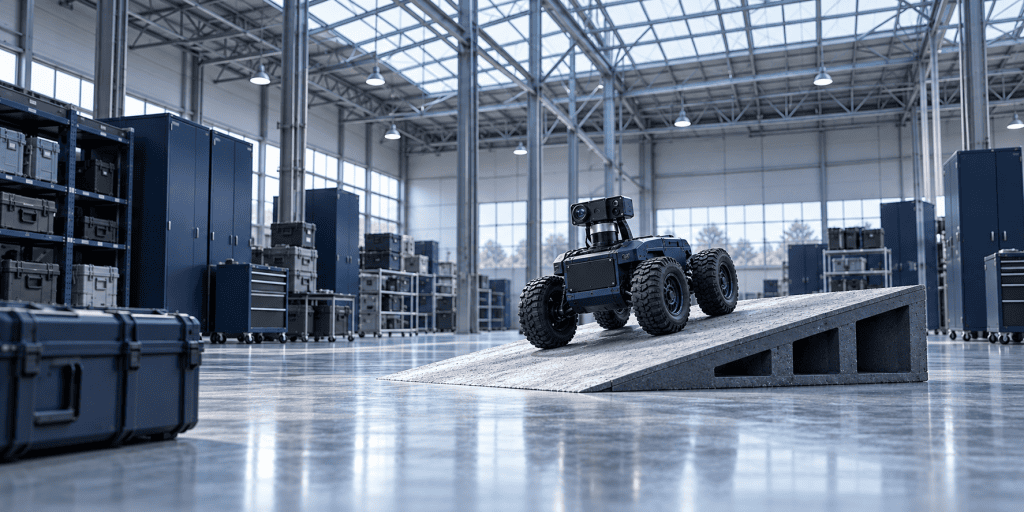 Wheeled robot pitched on a ramp represents inertial sensing during changing body attitude.