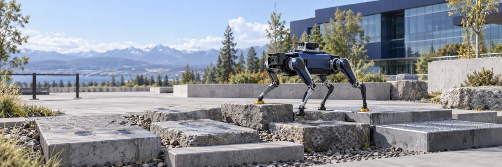 A navy quadruped research robot tests stable gold-marked footholds across uneven stone and metal terrain in a bright outdoor robotics facility.