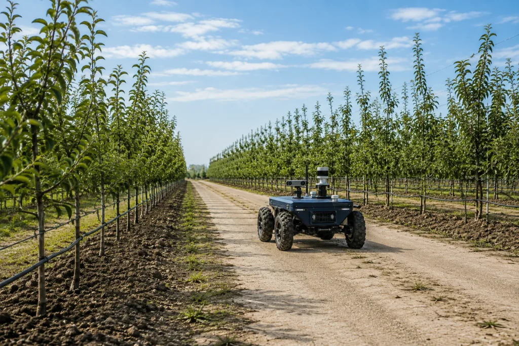An autonomous agricultural scouting rover travels between rows of young orchard trees under bright daylight.