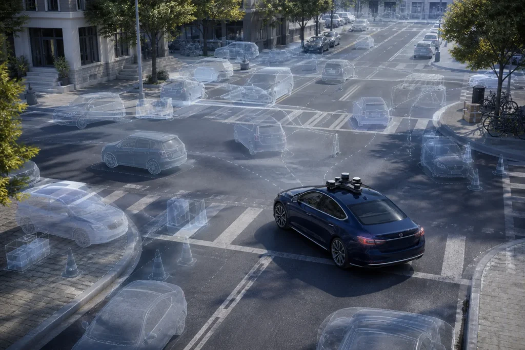 A navy autonomous test car at a city intersection surrounded by translucent variations of traffic, obstacles, and road scenarios, representing synthetic robotics training data.