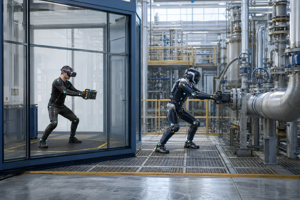 A motion-capture operator wearing a VR headset remotely mirrors a humanoid robot inspecting industrial pipeline equipment from behind a glass safety enclosure.