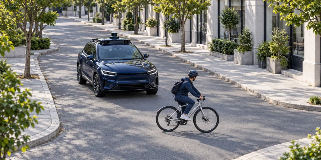 A cyclist on a silver bicycle crosses ahead of a navy car equipped with roof-mounted sensors on a sunlit neighborhood street.